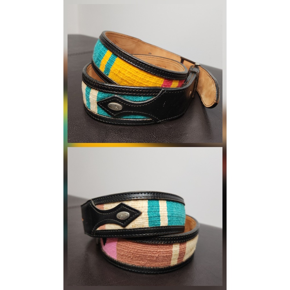 Vintage Circle Y of Yoakum Leather Belt 34 Southwestern Woven Inlay 8604 Black